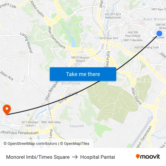Monorel Imbi/Times Square to Hospital Pantai map