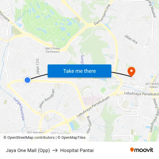 Jaya One Mall (Opp) to Hospital Pantai map