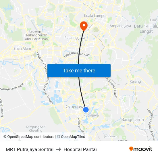 MRT Putrajaya Sentral to Hospital Pantai map