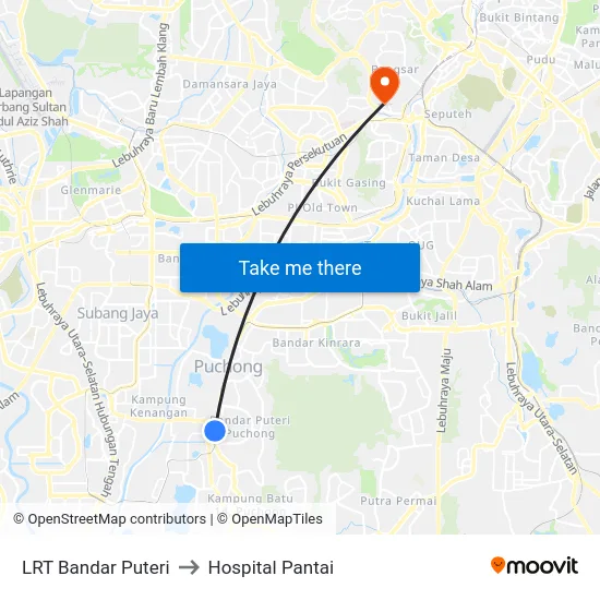 LRT Bandar Puteri to Hospital Pantai map