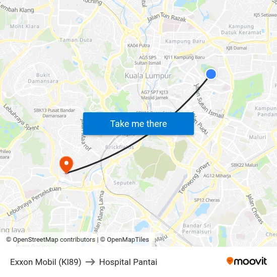 Exxon Mobil (Kl89) to Hospital Pantai map