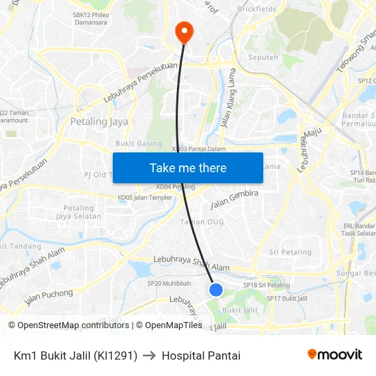 Km1 Bukit Jalil (Kl1291) to Hospital Pantai map