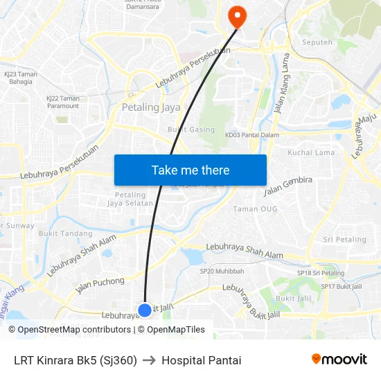 LRT Kinrara Bk5 (Sj360) to Hospital Pantai map