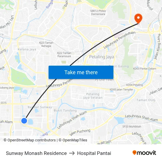Sunway Monash Residence to Hospital Pantai map