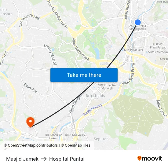 Masjid Jamek to Hospital Pantai map