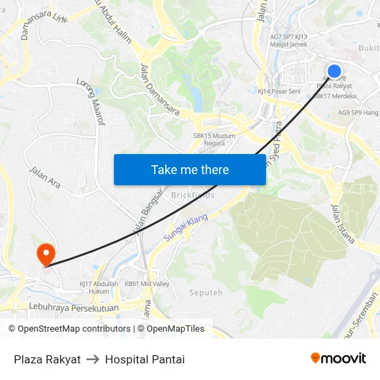 Plaza Rakyat to Hospital Pantai map