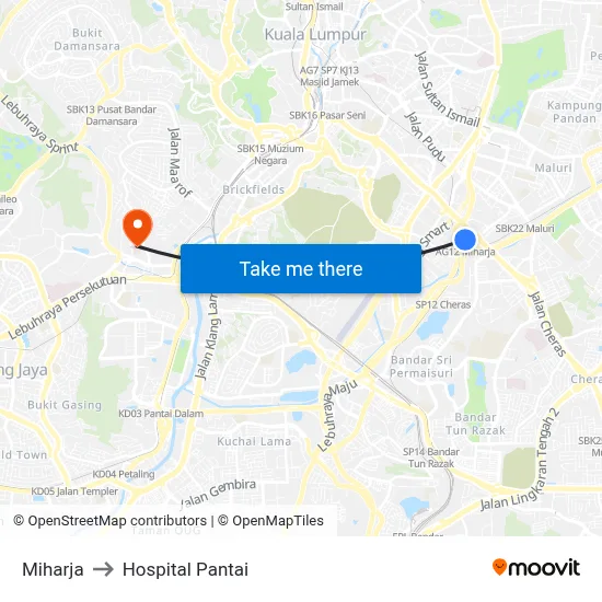 Miharja to Hospital Pantai map