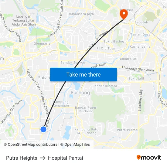 Putra Heights to Hospital Pantai map