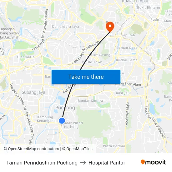 Taman Perindustrian Puchong to Hospital Pantai map