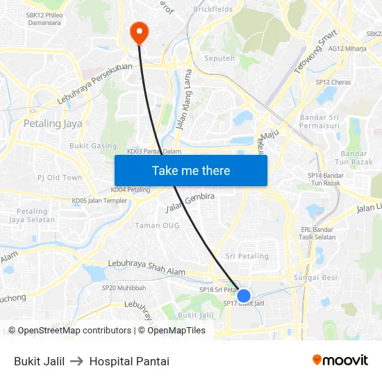 Bukit Jalil to Hospital Pantai map