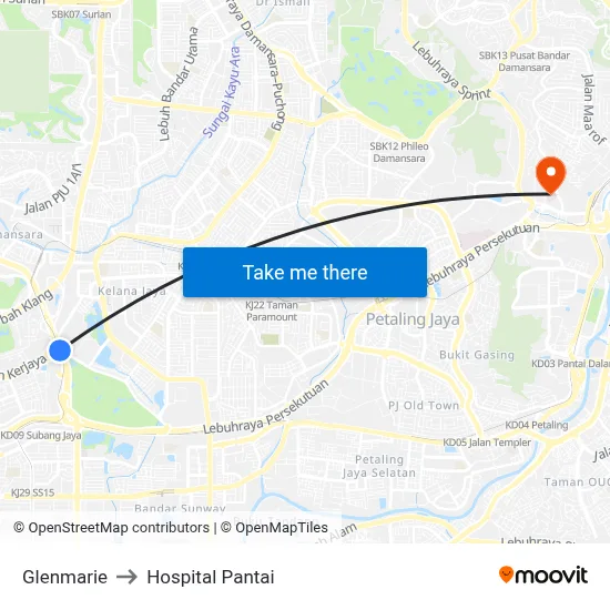 Glenmarie to Hospital Pantai map
