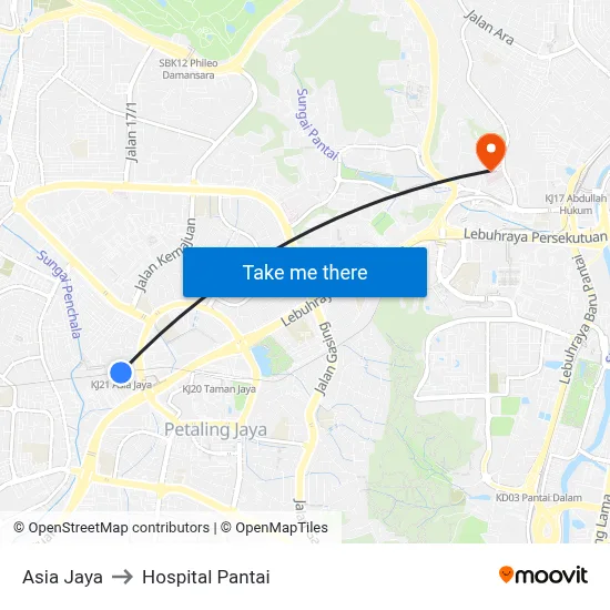 Asia Jaya to Hospital Pantai map