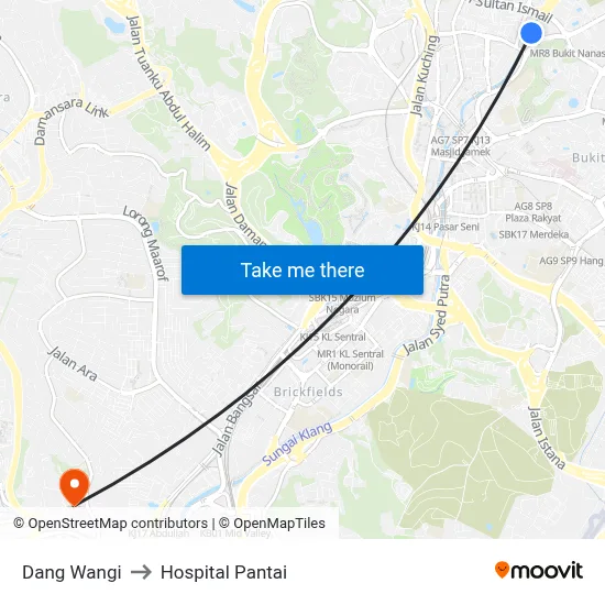 Dang Wangi to Hospital Pantai map