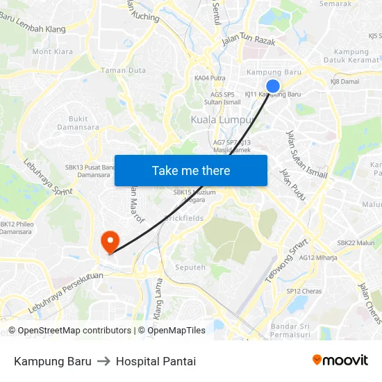 Kampung Baru to Hospital Pantai map