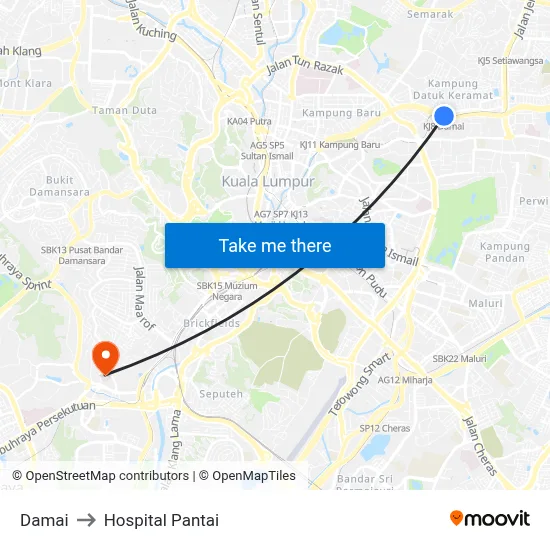 Damai to Hospital Pantai map