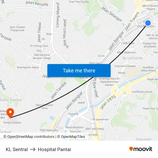 KL Sentral to Hospital Pantai map