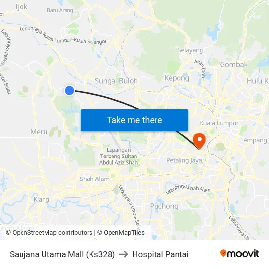 Saujana Utama Mall (Ks328) to Hospital Pantai map