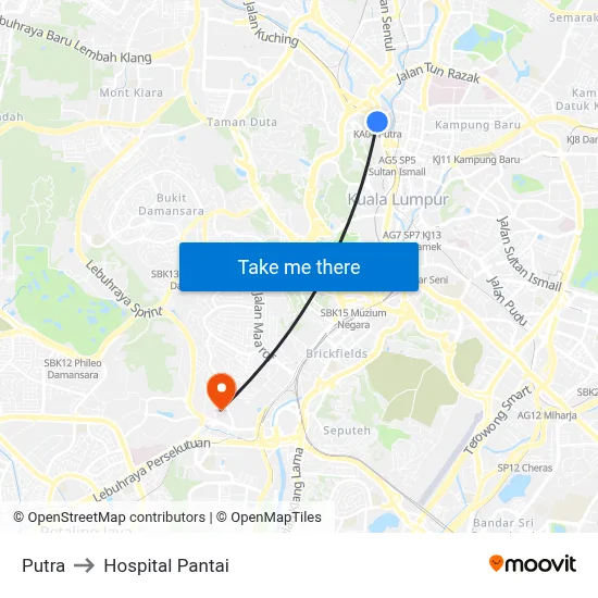Putra to Hospital Pantai map