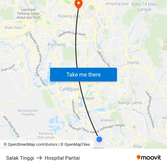 Salak Tinggi to Hospital Pantai map