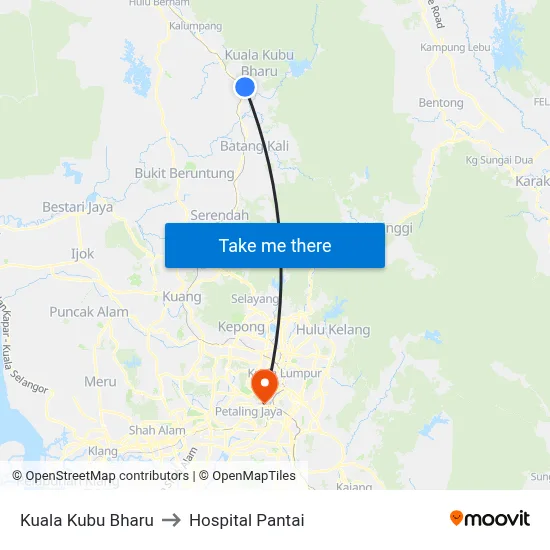 Kuala Kubu Bharu to Hospital Pantai map