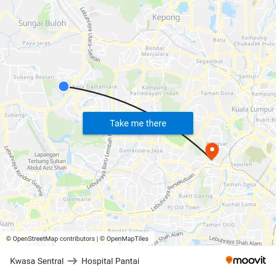 Kwasa Sentral to Hospital Pantai map