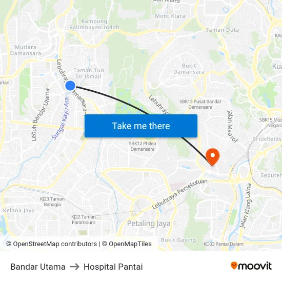 Bandar Utama to Hospital Pantai map