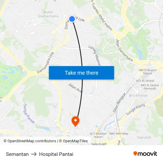 Semantan to Hospital Pantai map