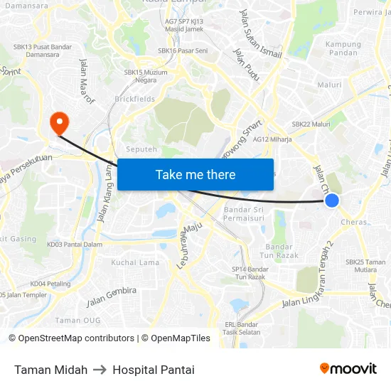 Taman Midah to Hospital Pantai map