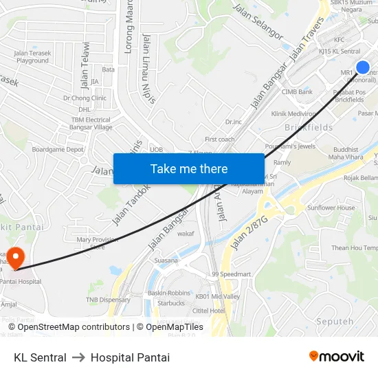 KL Sentral to Hospital Pantai map