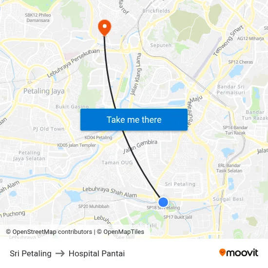 Sri Petaling to Hospital Pantai map