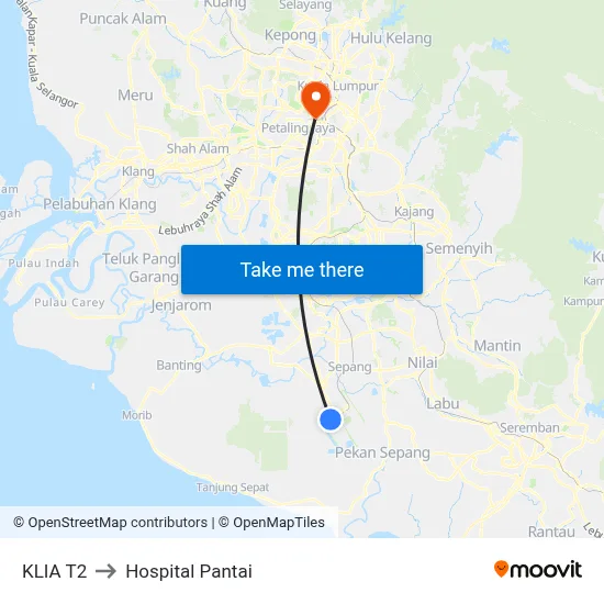 KLIA T2 to Hospital Pantai map