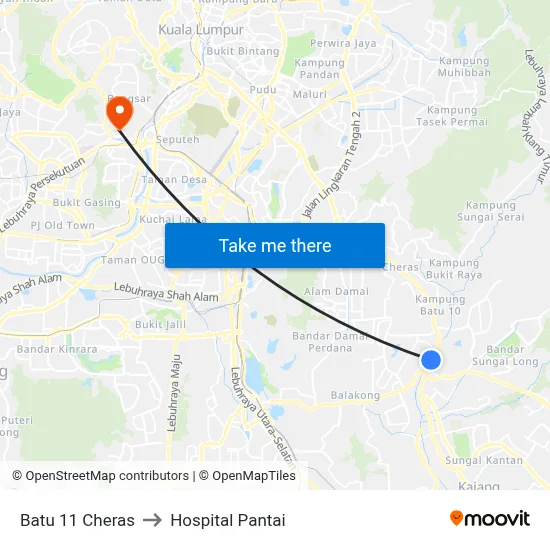 Batu 11 Cheras to Hospital Pantai map