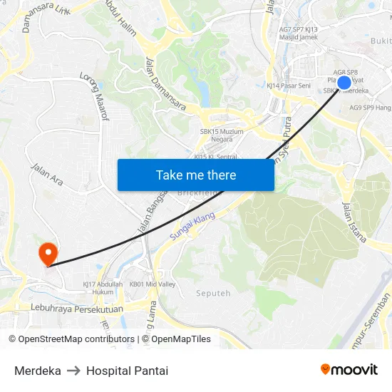 Merdeka to Hospital Pantai map