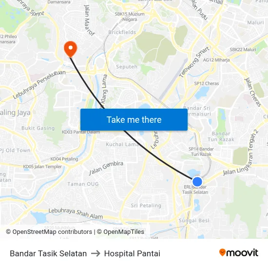 Bandar Tasik Selatan to Hospital Pantai map