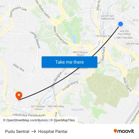 Pudu Sentral to Hospital Pantai map