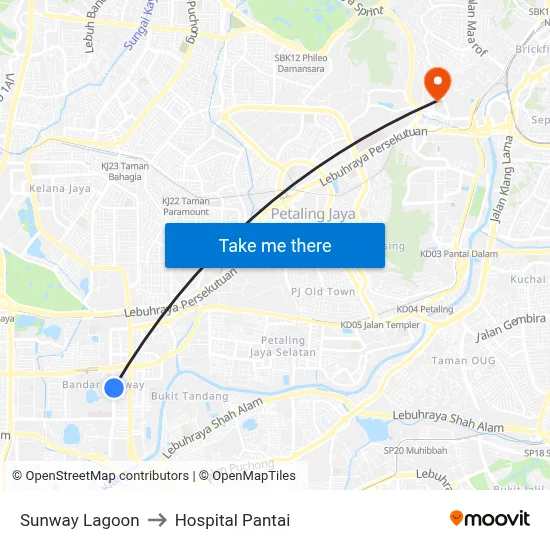 Sunway Lagoon to Hospital Pantai map