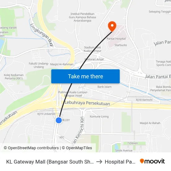KL Gateway Mall (Bangsar South Shuttle) to Hospital Pantai map