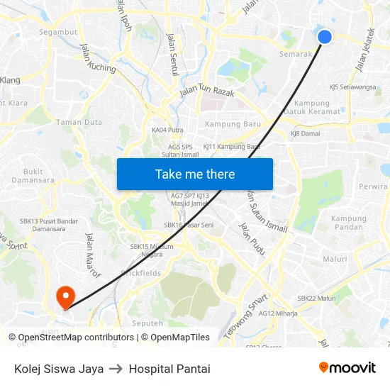 Kolej Siswa Jaya to Hospital Pantai map