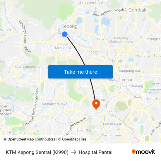 KTM Kepong Sentral (Kl990) to Hospital Pantai map