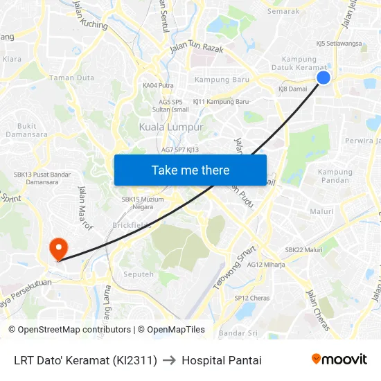 LRT Dato' Keramat (Kl2311) to Hospital Pantai map