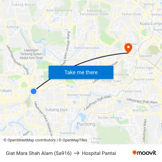 Giat Mara Shah Alam (Sa916) to Hospital Pantai map