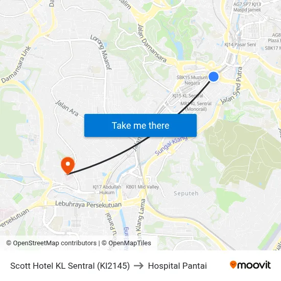 Scott Hotel KL Sentral (Kl2145) to Hospital Pantai map