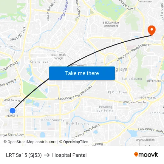 LRT Ss15 (Sj53) to Hospital Pantai map