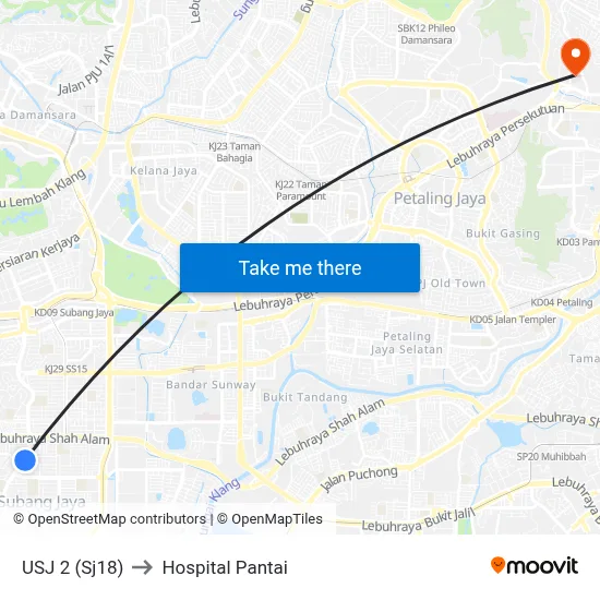 USJ 2 (Sj18) to Hospital Pantai map