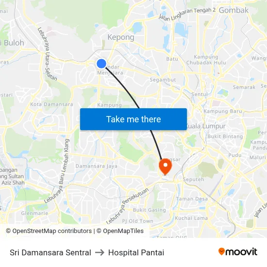 Sri Damansara Sentral to Hospital Pantai map