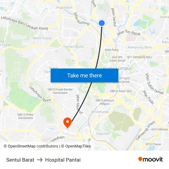 Sentul Barat to Hospital Pantai map