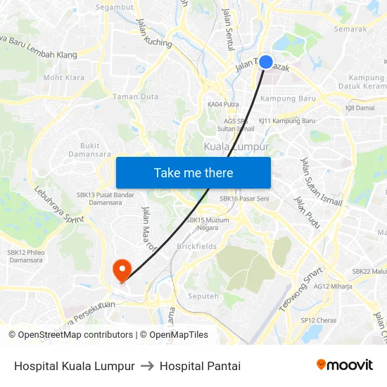 Hospital Kuala Lumpur to Hospital Pantai map
