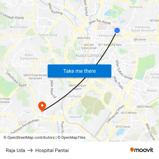 Raja Uda to Hospital Pantai map
