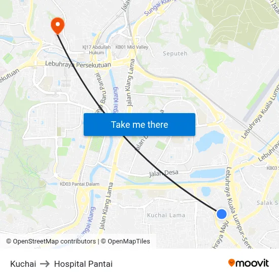 Kuchai to Hospital Pantai map
