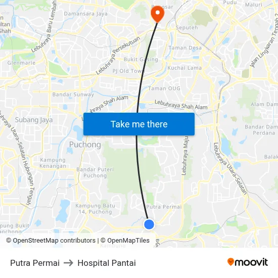 Putra Permai to Hospital Pantai map